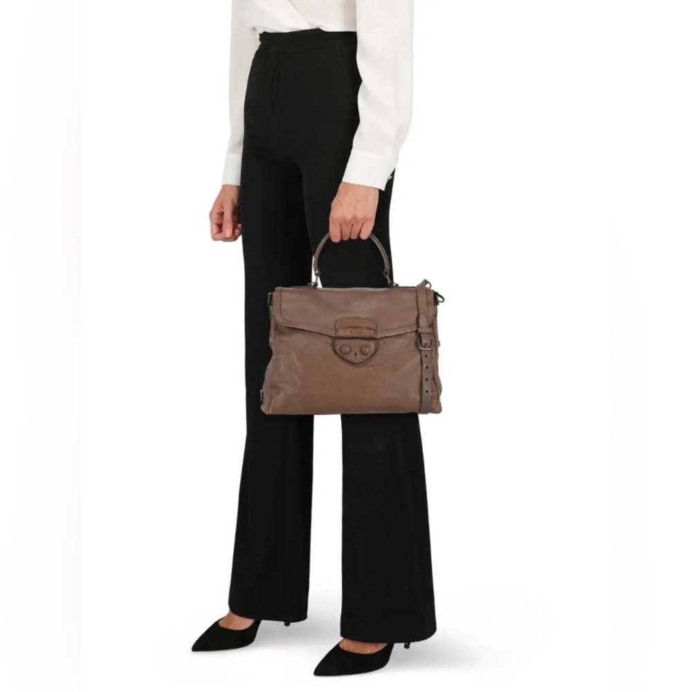 PRADA Buffalino Cerniera Tan Brown Top Handle Leather Messenger Bag Laptop